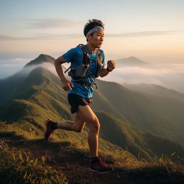 Trail runner on a misty Asian mountain ridge at golden hour